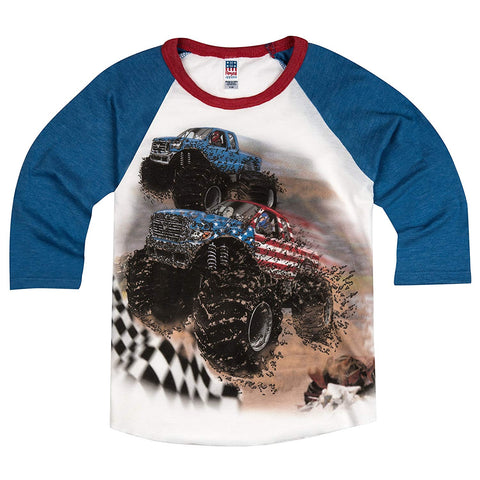 Shirts That Go Little Boys' Go USA Monster Trucks Racing Raglan T-Shirt